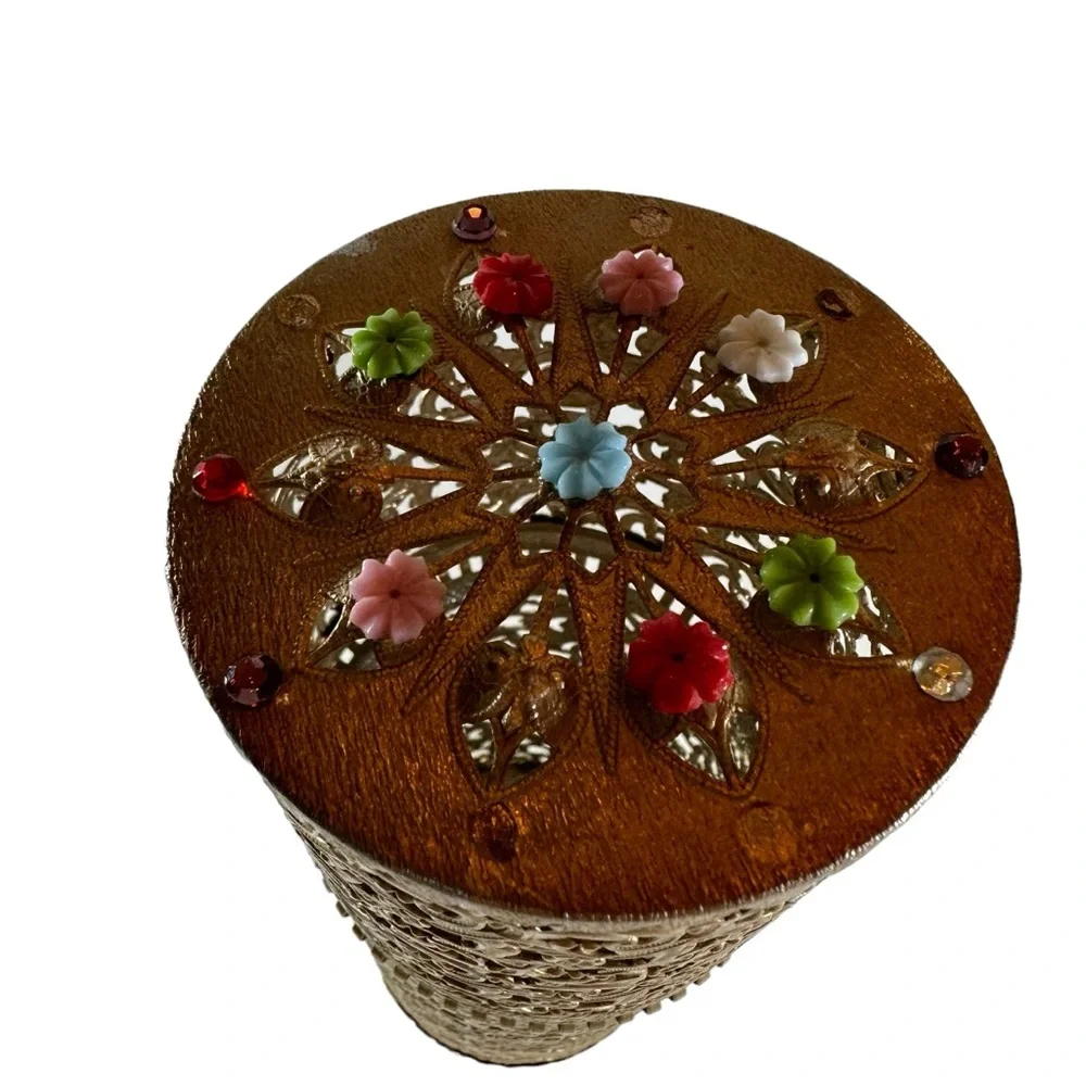 Vintage Gold Filigree Hairspray Can Holder Hollywood Regency Enamel Flowers